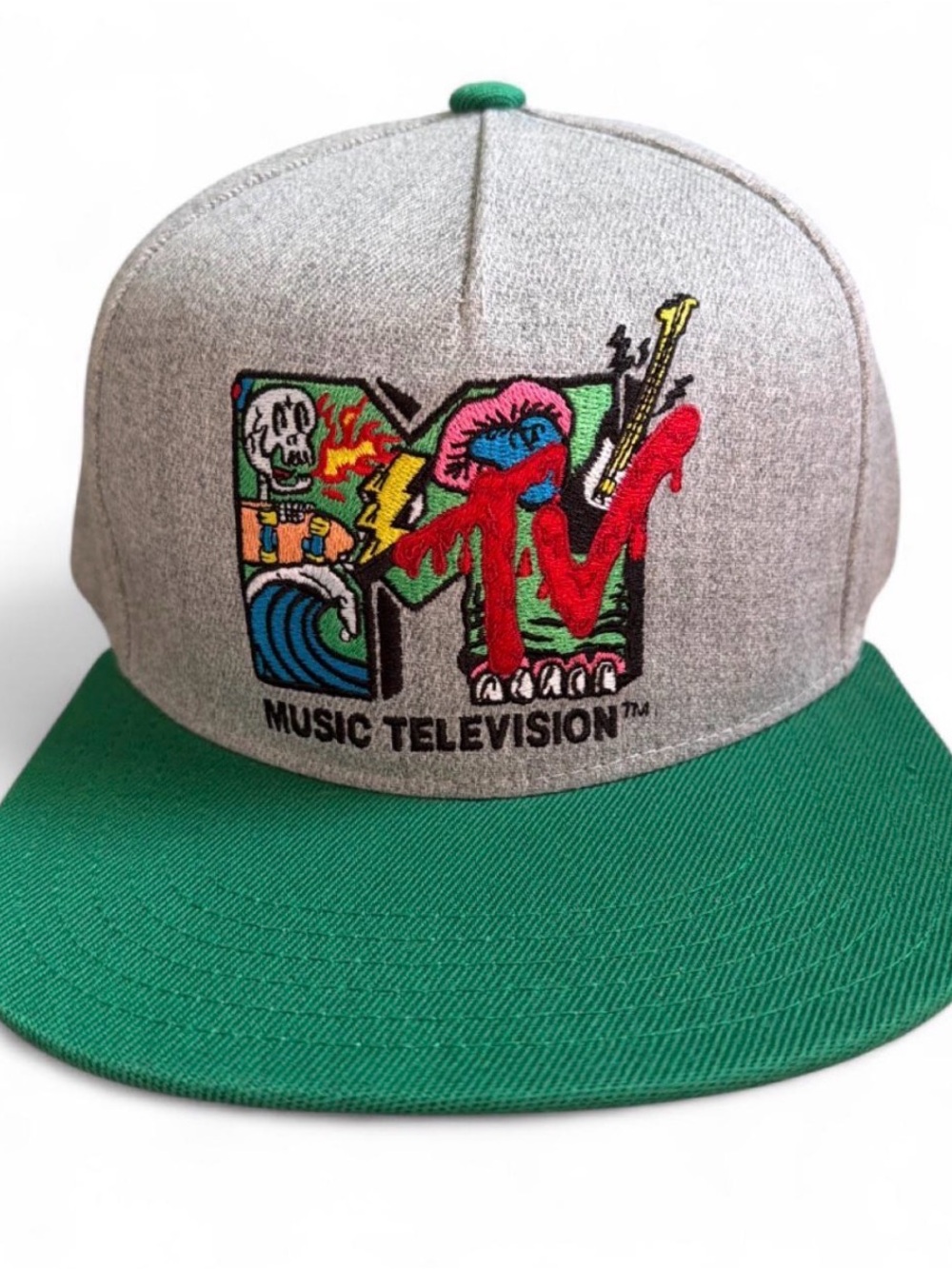 MTV Gray Cap with Green Brim and Multicolor Embroidered Logo